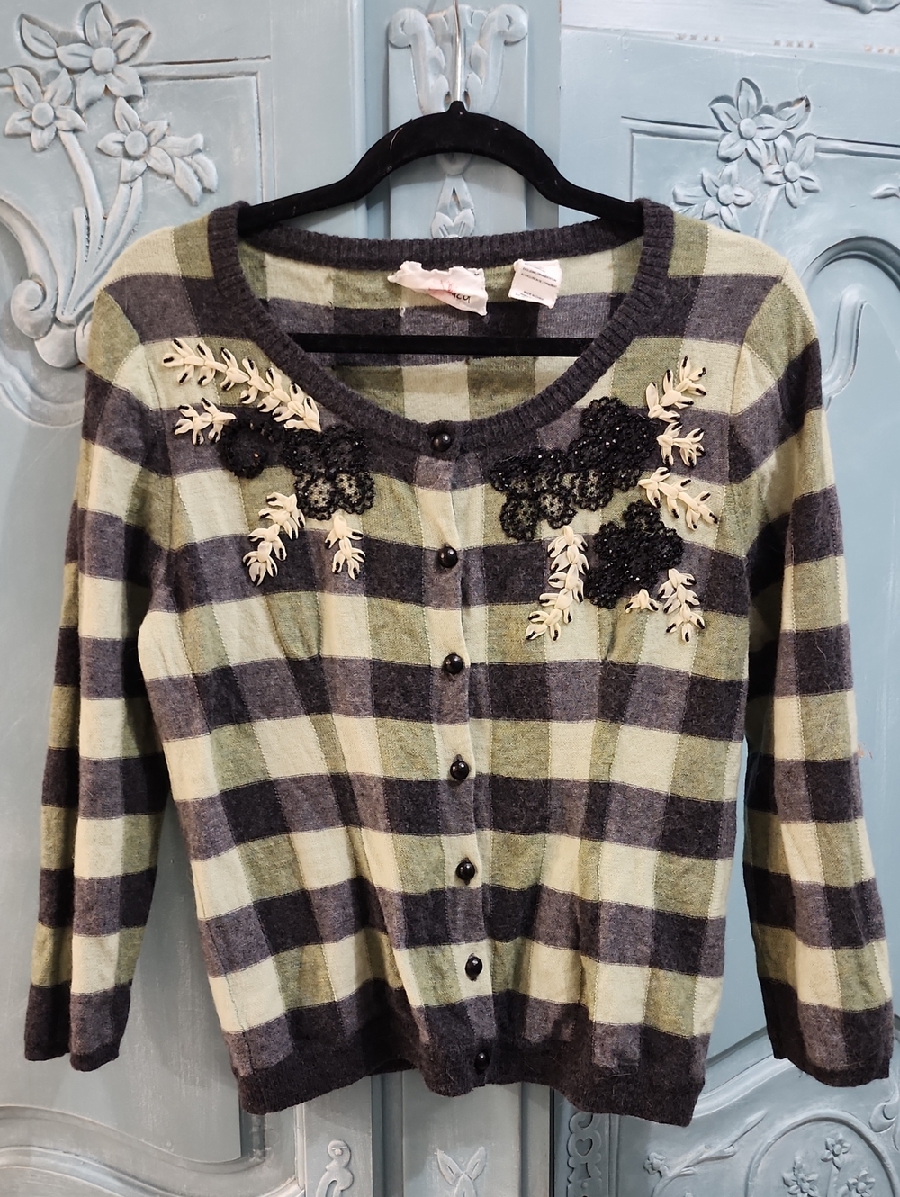 Anthropologie Karen Nicol Green Plaid Embellished Cardigan Sweater